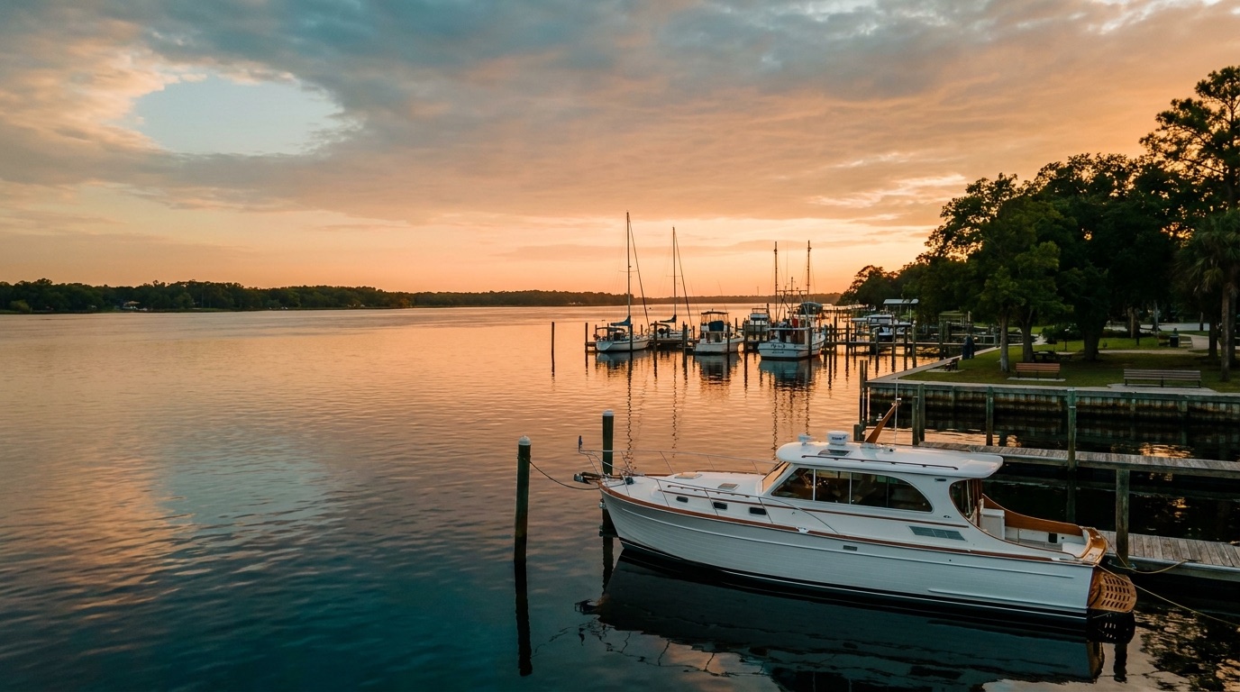 Wide calm St. Johns River at Green Cove Springs with a small-town marina and docks at golden hour
