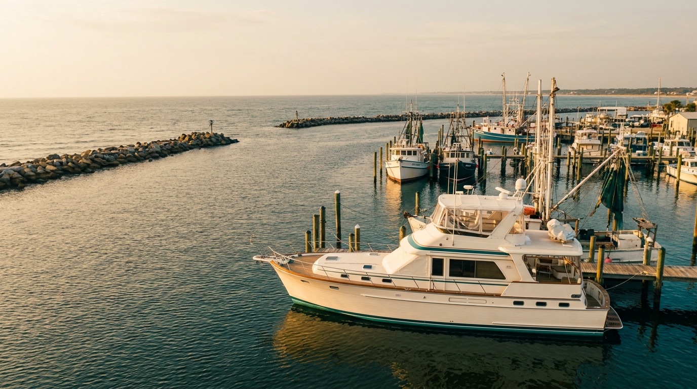 Working waterfront and jetties at Mayport with boats under Atlantic coastal light at golden hour