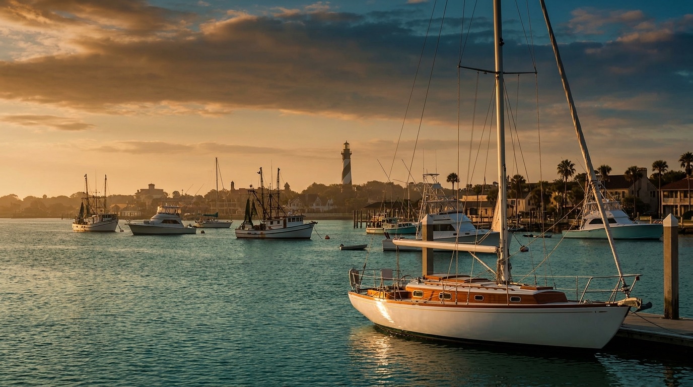 Historic St. Augustine bayfront with the lighthouse in the distance and boats on the water at golden hour