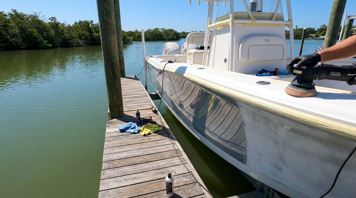 A white center-console boat mid-detail at a Florida dock, half the hull buffed to a mirror shine