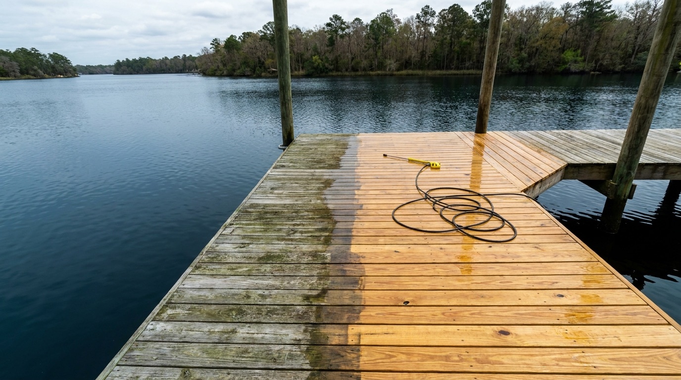 A freshly cleaned wooden boat dock on a Florida river, half the boards bright and clean, algae washed away