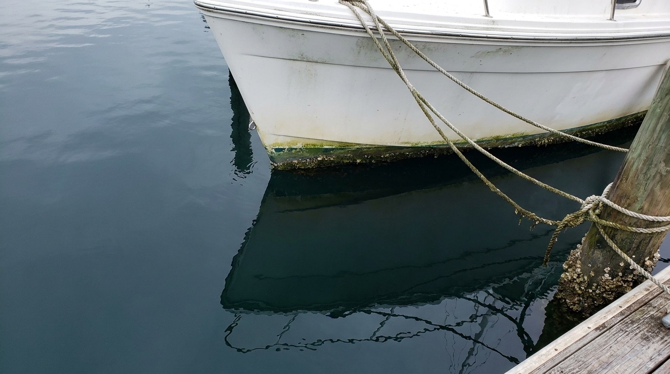 A white boat hull in a Jacksonville marina slip with a green algae slime line along the waterline