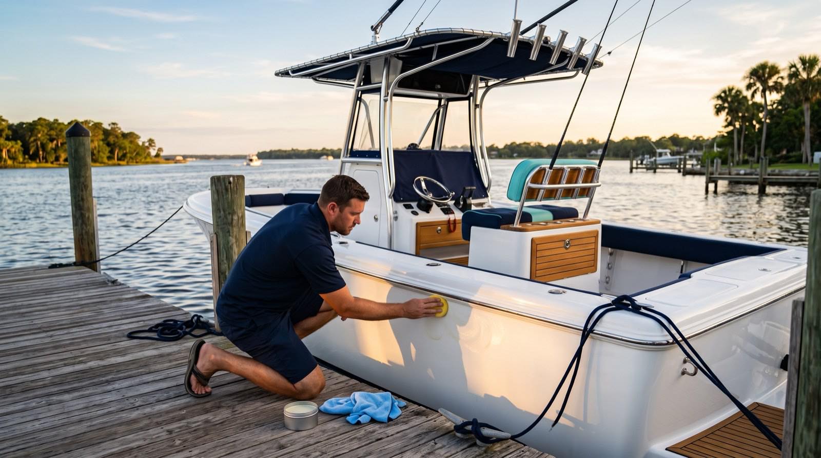 Hand-applying paste wax with a foam pad to a gleaming white boat hull at a Florida dock